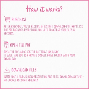 May include: A pink and white graphic with the text "How it works?" and instructions for downloading files. The steps include purchase, opening a PDF, and downloading 36 high-resolution PNG files.