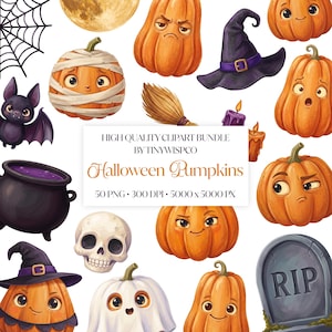 Può includere: Un set di clipart digitali con elementi di Halloween che include varie zucche arancioni con volti espressivi, un cappello da strega viola, un calderone nero, un teschio bianco, un pipistrello, una scopa, candele e una lapide grigia con la scritta RIP.