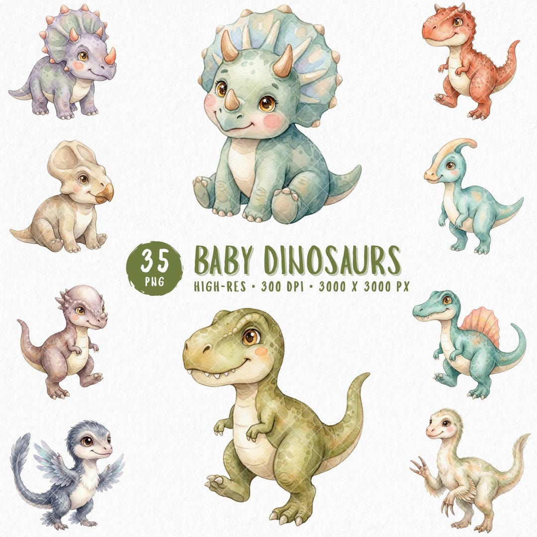 Baby Dinosaur Clipart Bundle, Watercolor Baby Dinosaur PNG, Cute Dino ...