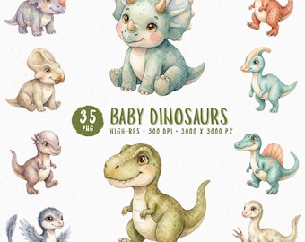 Baby Dinosaur Clipart Bundle, Watercolor Baby Dinosaur PNG, Cute Dino Clip Art, 35 PNG, Nursery Clipart, Instant Download, Commercial Use