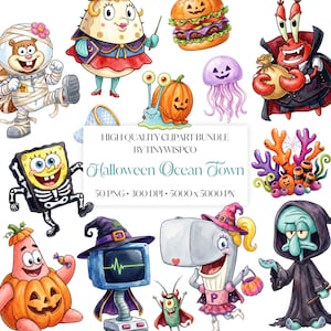 Puede incluir: Un paquete de imágenes prediseñadas digitales con personajes de dibujos animados en disfraces de Halloween, incluyendo una ardilla momia, un cangrejo vampiro, una esponja esqueleto, una estrella de mar calabaza y un calamar encapuchado. Texto: HIGH QUALITY CLIPART BUNDLE BY TINYWISPCO Halloween Ocean Town 50 PNG 300 DPI 5000 x 5000 PX.