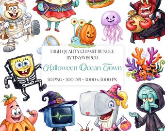 Pacote de Clipart de Halloween com Tema de Cidade Oceânica, 50 PNGs em Aquarela, Personagens Submarinos de Halloween, Download Digital para Festa Assustadora no Mar