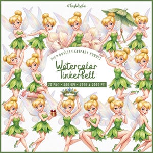 Watercolor TinkerBell Fairy Clipart Bundle, 20 PNG Fairy Girl, Green Leaf Dress, Cute Fairy Clip Art, Transparent PNG, Commercial Use