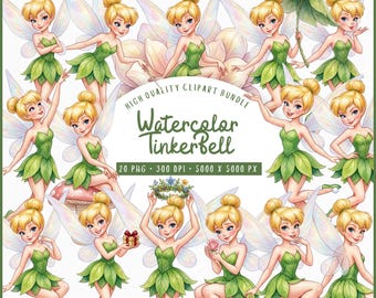 Paquete de imágenes prediseñadas de hadas Campanilla en acuarela, 20 imágenes PNG de hadas, vestido de hojas verdes, lindas imágenes prediseñadas de hadas, PNG transparente, uso comercial.