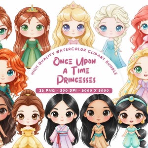 Princess Clipart Bundle 35 PNG, Cute Chibi Fairytale Princesses, Watercolor Baby Shower, Birthday Party, Nursery Decor, DIY Printables