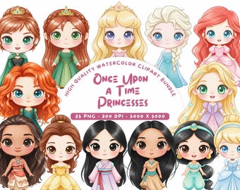 Princess Clipart Bundle 35 PNG, Cute Chibi Fairytale Princesses, Watercolor Baby Shower, Birthday Party, Nursery Decor, DIY Printables