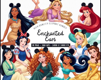 Enchanted Mouse Ears Clipart Bundle, 10 PNG Princess Fairytale Girls, Cute Storybook Princesses with Ear Headbands, Commercial Use
