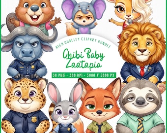 Chibi Baby Zootopia Clipart Bundle, Watercolor Animal PNG, Cute Bunny Fox Sloth Lion Cheetah Clipart, Animals Cartoon Movie, Commercial Use