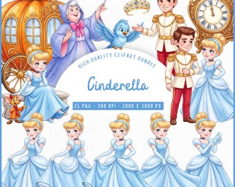 Cinderella Clipart Bundle, Watercolor Cute Chibi Princess PNG, Glass Slipper Fairytale Clipart, Prince, Carriage, Commercial Use