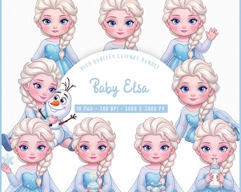 Baby Elsa Frozen Clipart Bundle, Ice Princess PNG, Winter Princess Watercolor Clipart, Cute Snow Queen, Commercial Use