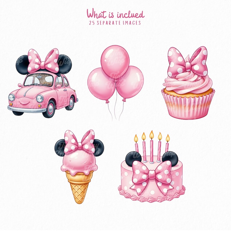 May include: A digital illustration set featuring 25 separate images including a pink car with black ears and a polka dot bow, a cluster of three pink balloons, a cupcake with a bow, an ice cream cone with ears, and a cake with candles and a bow.