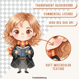 May include: A watercolour illustration of a cartoon character with brown curly hair, wearing a black robe, a red and yellow scarf, and holding a blue book with a gold star. The image includes text: "Transparent Background", "Commercial License", "High Res 300 DPI", and "Soft Watercolor Texture".