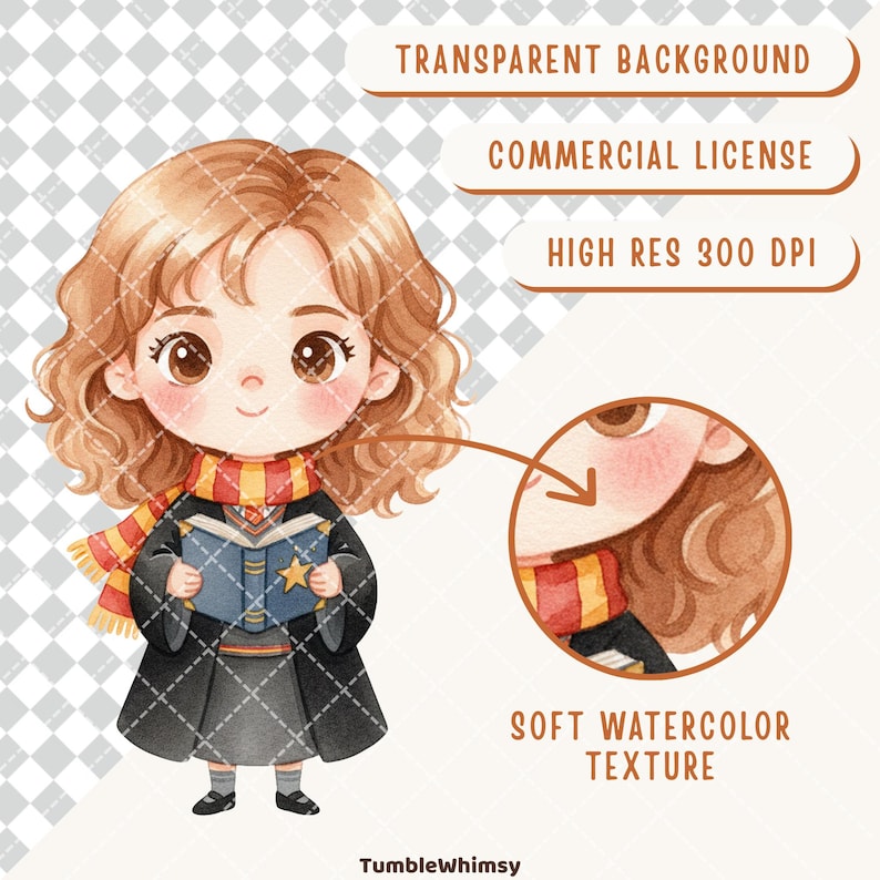 May include: A watercolour illustration of a cartoon character with brown curly hair, wearing a black robe, a red and yellow scarf, and holding a blue book with a gold star. The image includes text: "Transparent Background", "Commercial License", "High Res 300 DPI", and "Soft Watercolor Texture".