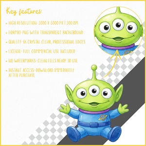May include: A watercolor illustration of a green alien with three eyes, wearing a blue jumpsuit with a planet emblem. The alien has large ears and is smiling. A smaller, circular version of the alien is also shown. Text on the image lists key features.