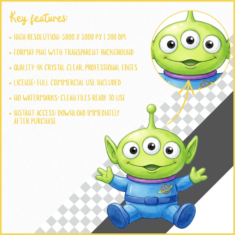 May include: A watercolor illustration of a green alien with three eyes, wearing a blue jumpsuit with a planet emblem. The alien has large ears and is smiling. A smaller, circular version of the alien is also shown. Text on the image lists key features.