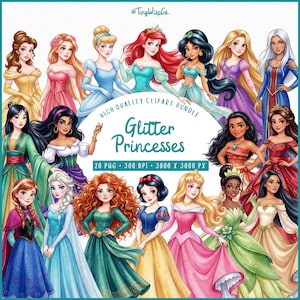 May include: A digital clipart bundle featuring watercolor illustrations of various princesses in colorful gowns. The image includes the text "Glitter Princesses" and details about the file format and resolution.
