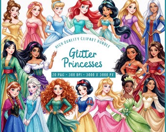 Glitter Princesses Clipart Bundle, Watercolor Princess PNG Set, High-Resolution 20 PNGs, Transparent Background, Commercial Use