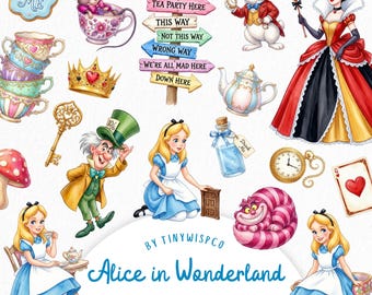Alice in Wonderland Clipart Bundle, Alice PNG, Tea Party Clipart, White Rabbit, Mad Hatter, Cheshire Cat, Queen of Hearts, Digital Download