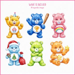 May include: Watercolor illustrations of six colorful teddy bears. Each bear has a unique design, including a cupcake, a baseball bat, a rainbow, a Christmas tree, a kite, and stars. The text "WHAT IS INCLUDED 36 separate images" is at the top.