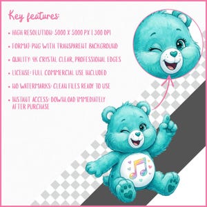 May include: A teal cartoon bear winking and pointing upwards, with a musical note on its belly. The image includes a circular illustration of the bear's face and text that reads "Key features:" and details about the image's resolution, format, and license.
