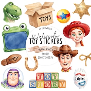 May include: A collection of watercolor stickers featuring a green dinosaur, a cardboard box labeled TOYS, a yellow ball with a blue star, a gold sheriff badge, a green frog-shaped frame, a red-hatted character, a cowboy, a shoe sole with ANDY written on it, a horseshoe, a space ranger, alphabet blocks spelling TOY STORY, and a white spork character.