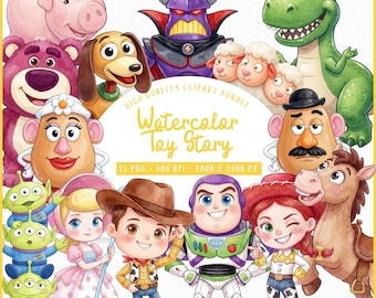 Toy Story Watercolor Clipart Bundle, 45 PNG, 3000x3000, 300 DPI, Cute Toy Characters, Kids Birthday, Instant Download, Commercial Use