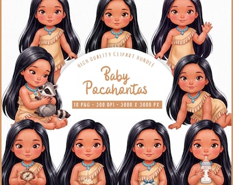 Baby Pocahontas Clipart Bundle, Native American Girl Digital PNGs, Cute Chibi Watercolor Clipart for Crafts, Scrapbooking & Commercial Use