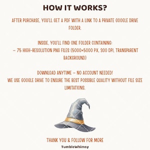 May include: Image with text: "HOW IT WORKS?" and details about a digital download. Features a watercolour illustration of a witch's hat with a gold band. The text explains the download process, including a link to a Google Drive folder with 75 high-resolution PNG files.
