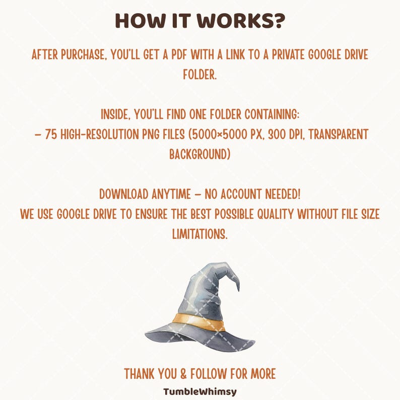 May include: Image with text: "HOW IT WORKS?" and details about a digital download. Features a watercolour illustration of a witch's hat with a gold band. The text explains the download process, including a link to a Google Drive folder with 75 high-resolution PNG files.