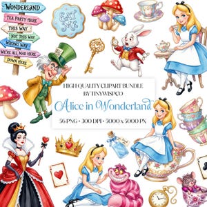 Alice in Wonderland Clipart Bundle, Alice PNG, Tea Party Clipart, White Rabbit, Mad Hatter, Cheshire Cat, Queen of Hearts, Digital Download
