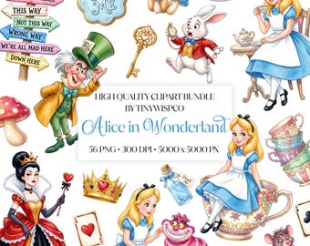 Paquete de imágenes prediseñadas de Alicia en el País de las Maravillas, Alicia en formato PNG, imágenes prediseñadas de fiesta del té, Conejo Blanco, Sombrerero Loco, Gato de Cheshire, Reina de Corazones, descarga digital.
