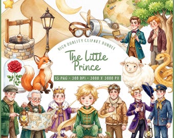The Little Prince Clipart Bundle, Cute Watercolor PNG, Storybook Prince, Fox, Rose, Planet, Nursery Art, Commercial Use