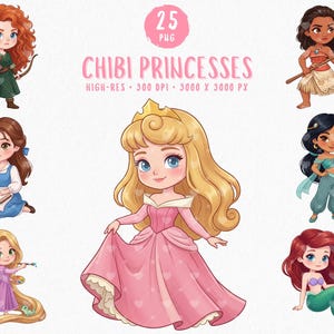 Paquete de imágenes prediseñadas de princesas PNG, lindas princesas chibi en acuarela, 25 PNG, uso comercial, imágenes prediseñadas de niña de cuento de hadas, baby shower, imágenes prediseñadas de guardería