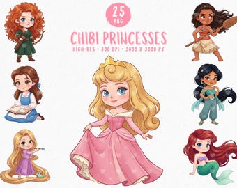 Princess Clipart Bundle PNG, Cute Chibi Watercolor Princesses, 25 PNG, Commercial Use, Fairytale Girl Clipart, Baby Shower, Nursery Clipart