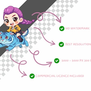 Chicas cazadoras de Kpop, paquete de imágenes prediseñadas de chicas chibi de K-pop, 30 PNG, 300 DPI, paquete de pegatinas adorables, fondo transparente, uso comercial imagen 5