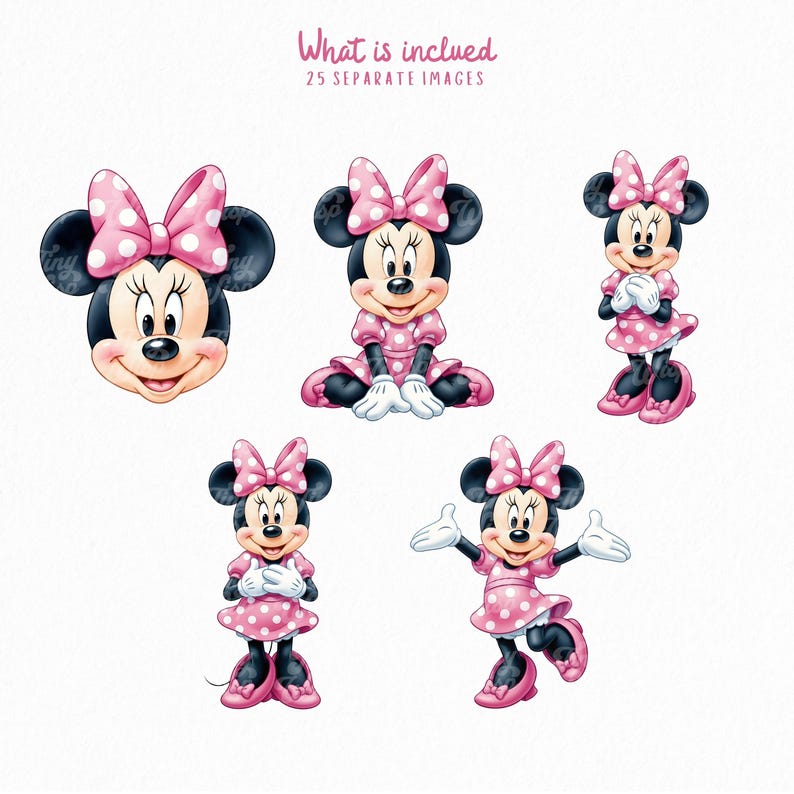 May include: A collection of five illustrations featuring Minnie Mouse in various poses, including a headshot and full-body stances. Each figure wears a pink polka-dot dress and matching bow. The text at the top reads What is included 25 SEPARATE IMAGES.