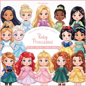 Cute Baby Princess Watercolor Clipart, Kawaii Fairytale Princesses PNG, 20 Pack 5000x5000, Baby Shower, Nursery, Commercial Use
