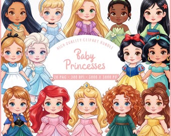 Clipart de acuarela de princesas bebés lindas, princesas de cuento de hadas kawaii PNG, paquete de 20 (5000x5000), baby shower, guardería, uso comercial