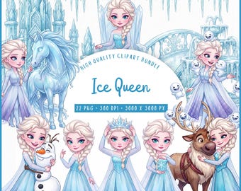 Elsa Frozen Watercolor Clipart Bundle, Instant Download, Princess Elsa Baby Chibi PNGs, Ice Queen Clipart Set for Crafts & Digital Projects