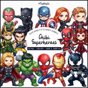 May include: A collection of chibi-style superhero illustrations. The characters include Captain America, Iron Man, Spider-Man, and others. The image has the text "Chibi Superheroes" and "High Quality Clipart Bundle".