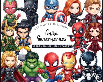 Chibi Superheroes Clipart Bundle, Watercolor Superhero PNG, Cute Comic Hero Characters, Kids Birthday, Commercial Use