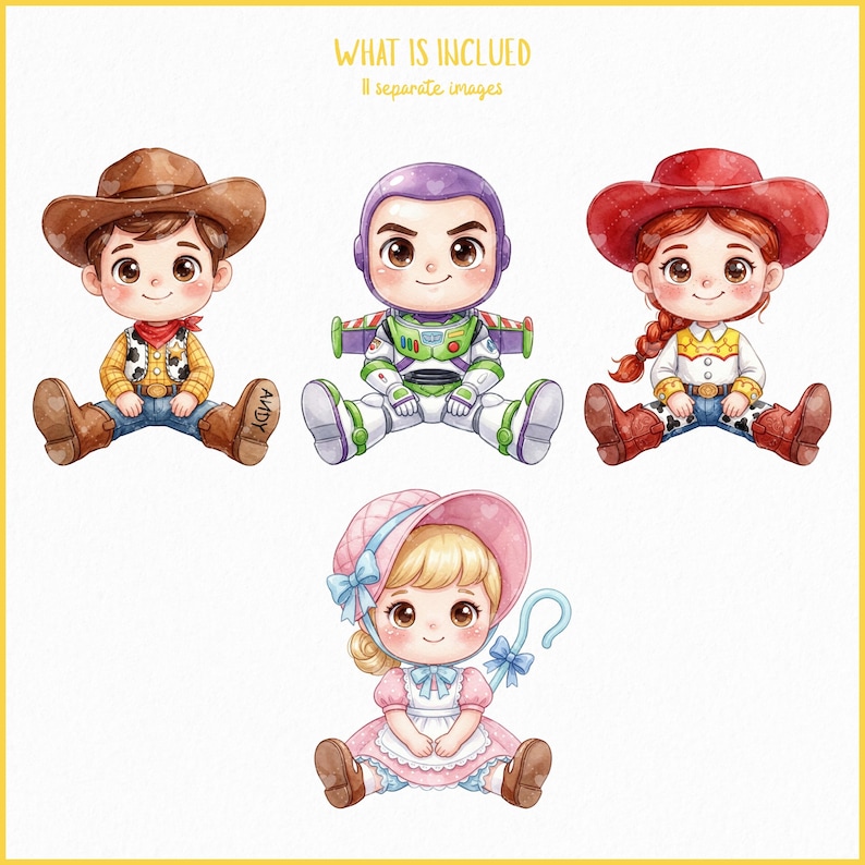 Toy Story Clipart Pack, Cute Toys, Seated Chibi Watercolor PNGs, Kids Party & Playroom Graphics, 11 Files, 4K High-Res image 2