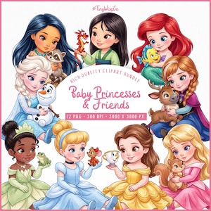 May include: A digital clipart bundle featuring illustrations of baby princesses and their animal friends. The princesses are depicted in various poses, each holding a companion. The image includes text that reads "Baby Princesses & Friends".