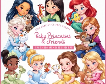 Baby Princesses & Friends Clipart Bundle, Watercolor Princess PNG, Fairytale Royal Girls, Cute Clipart, Commercial Use, Instant Download