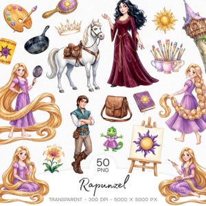May include: A digital illustration set featuring characters and objects including a long-haired figure in a purple dress, a white horse, a dark-haired figure in a vest, a chameleon, a tower, a frying pan, a crown, a book, and painting supplies.