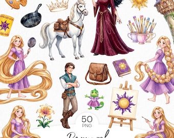 Paquete de imágenes prediseñadas de Rapunzel de Enredados, Princesa de pelo largo PNG, Torre, Camaleón, Caballo, Sol mágico, Acuarela de cuento de hadas, Descarga digital