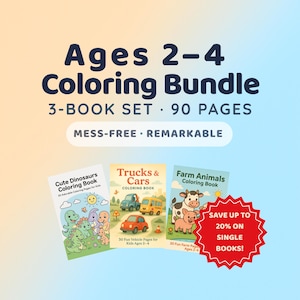 May include: A coloring book bundle for ages 2-4, featuring three books with 90 pages total. The books include "Cute Dinosaurs," "Trucks & Cars," and "Farm Animals." The image also includes a red starburst graphic that says "Save up to 20% on single books!"