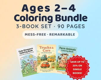 Puede incluir: Un paquete de libros para colorear para niños de 2 a 4 años, con tres libros con un total de 90 páginas. Los libros incluyen "Cute Dinosaurs", "Trucks & Cars" y "Farm Animals". La imagen también incluye un gráfico de estrella roja que dice "¡Ahorra hasta un 20% en libros individuales!"