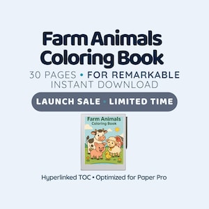 May include: A digital coloring book titled "Farm Animals Coloring Book" is displayed on a tablet. The cover features cartoon farm animals. Text on the image includes "30 PAGES," "INSTANT DOWNLOAD," and "LAUNCH SALE LIMITED TIME."