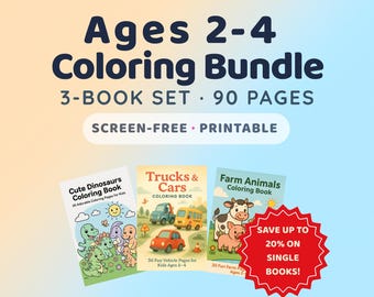 Op de afbeelding: Kleurboekbundel voor kinderen van 2-4 jaar met drie boeken. De boeken bevatten "Cute Dinosaurs", "Trucks & Cars" en "Farm Animals". Elk boek heeft 30 pagina's. De bundel is schermvrij en printbaar.